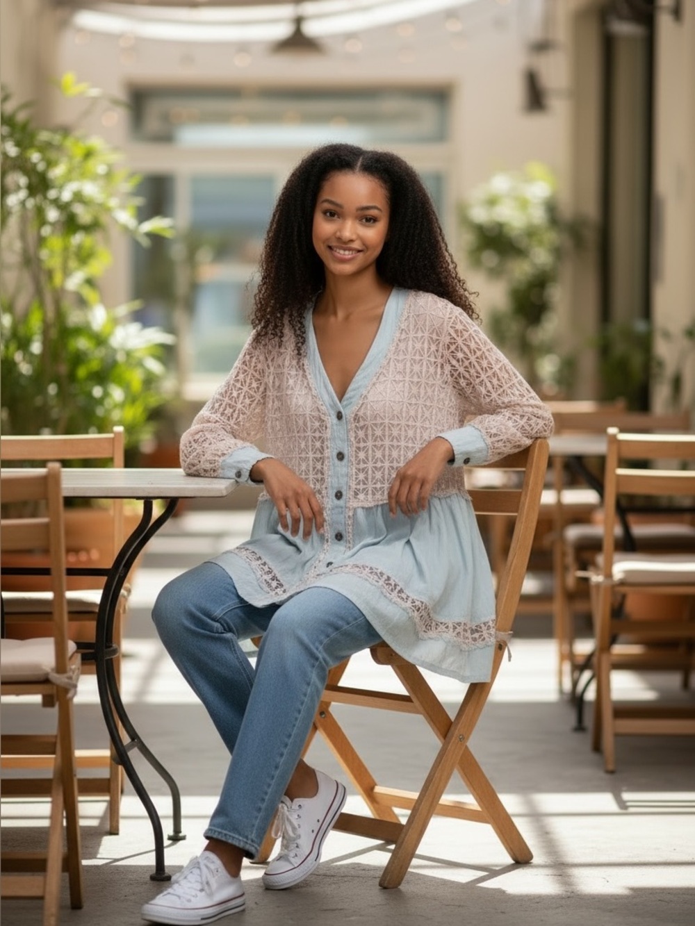 POL button-front crochet lace blouse in blush and light blue